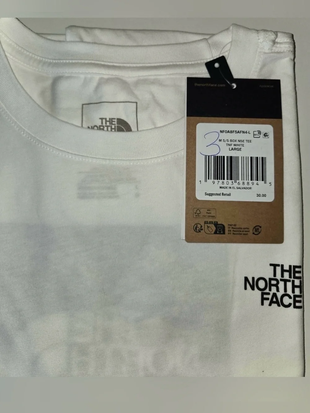The North Face White Tee with Black & Blue Camo Logo in Size L BNWT